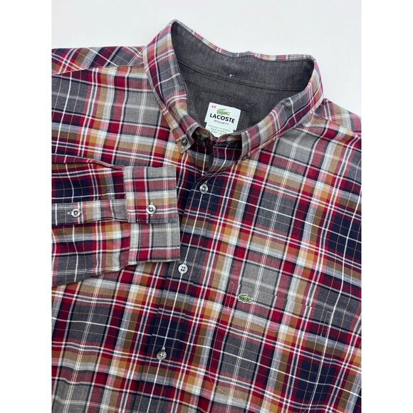 Lacoste Button Up Shirt 44 Extra‎ Large Red Plaid Crocodile Outdoors Preppy Mens - Picture 1 of 12